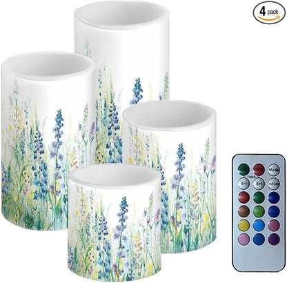 Flameless Candles Battery Powered LED Candles with Remote Timer Color Changing Control for Indoor Outdoor Home Table Beach Wedding Decoration Set of 4, Blue Green Floral