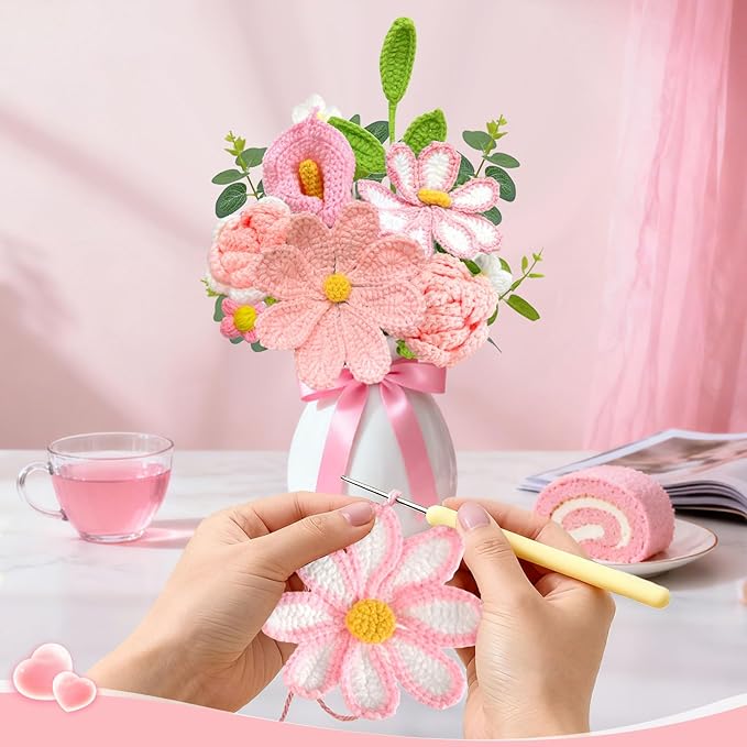 Crochet Flower Bouquet, Pink Knitted Flowers, Handmade Crochet Roses Calla Lily Gasang for Lover Anniversary Birthday Party Mother's Day Graduation Gifts (Pink)