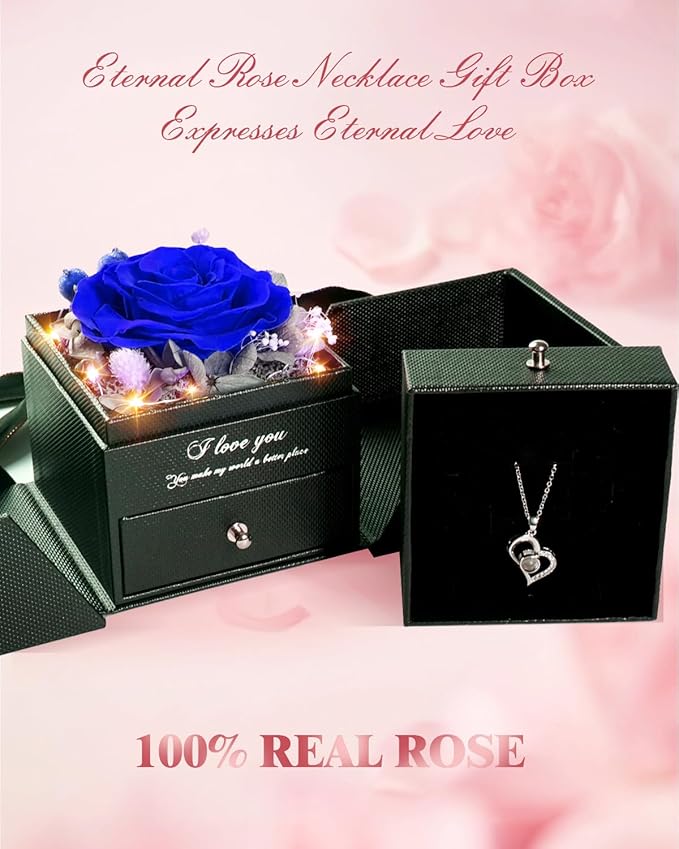 Birthday Gifts for Women, Preserved Real Roses with Heart Necklace I Love You in 100 Languages, Romantic Anniversary Wedding Gifts for Women Her Girlfriend Wife, Forever Roses Necklace Gift Box Blue