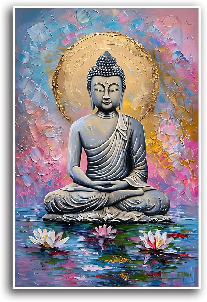 Lotus and golden Buddha meditation tranquil zen wall art mindfulness wall art for spiritual harmony and tranquility decor 32x48in Frameless