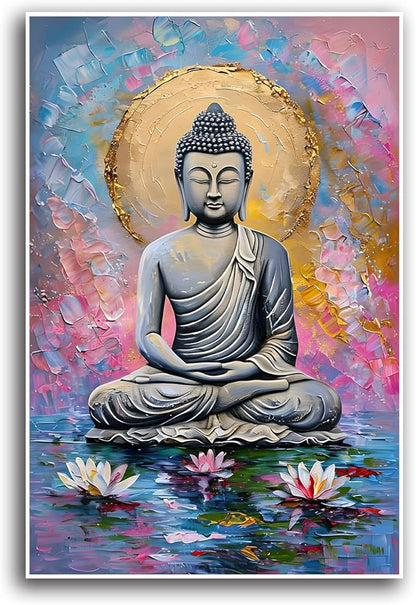 Lotus and golden Buddha meditation tranquil zen wall art mindfulness wall art for spiritual harmony and tranquility decor 24x36in Frameless