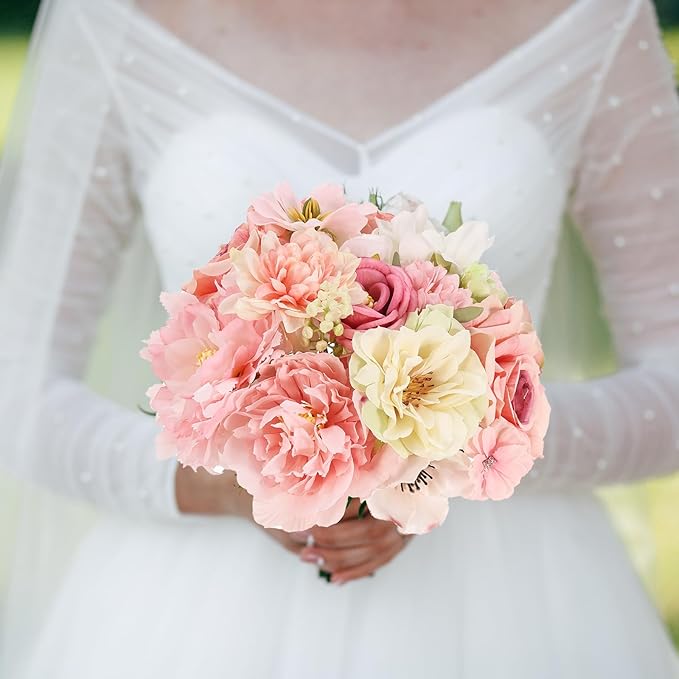 Artificial Flowers Combo Pink Roses with Stems Bouquets Box Set Bridal Wedding Shower Decorations Fake Floral for Party Table Centerpieces Home Decor