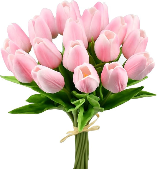 Mandy's Artificial Tulips 20 Stems Peach PU Faux Flowers for Thanksgiving and Christmas Decorations Wedding Home Decor 13.5 Inch