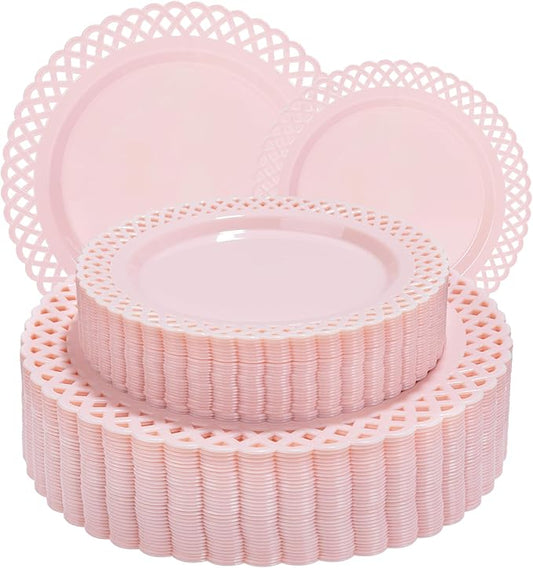 COLOSUS 60Pcs Pink Plastic Plates, Plastic Disposable Plates, Fancy Pink Scallop plates, Heavy Duty Lace Plate Set include 30 Dinner Plate 10” and 30 Salad/Dessert Plate 7.5”for Christmas