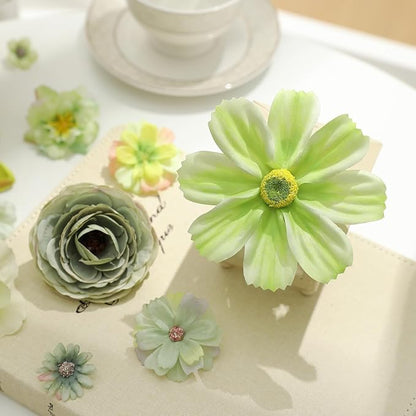 Fake Flower Heads Bulk - Green Silk Daisy & Rose Artificial Flower for Crafts, DIY, Graduation Cap, Wedding, Party, Cake Topper, Home Garland Decor