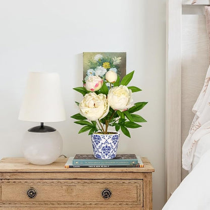 Briful Faux Peony Flowers in Blue and White Ceramic Pot 13.8" Realistic Silk Peonies Artificial Peony Floral Arrangement Fake Potted Flowers for Home Office Room Desk Shelf Decoration(White)