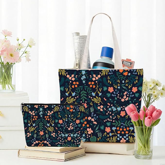 Aesthetic Floral Tote Bag Makeup Bag Flower Decor Gifts for Girls Christmas Shopping Grocery Bags Cosmetic Bags