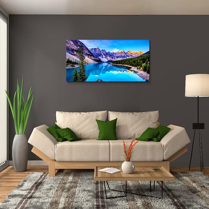 Wall Art Lake Mountain Landscape Picture Print Canvas Wall Art for Living Room Bedroom, Modern Giclee Artwork Home Decor Stretched and Framed Ready to Hang, Waterproof Artwork -28x57inches