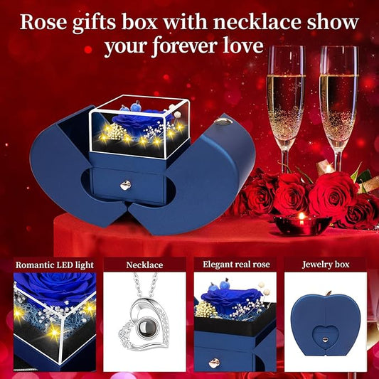 Preserved Blue Real Rose with I Love You Necklace, Eternal Flowers Rose Birthday Gifts for Women Her Mom Wife Girlfriend Grandma Christmas on Valentines Mothers Day Anniversary Romantic-Blue