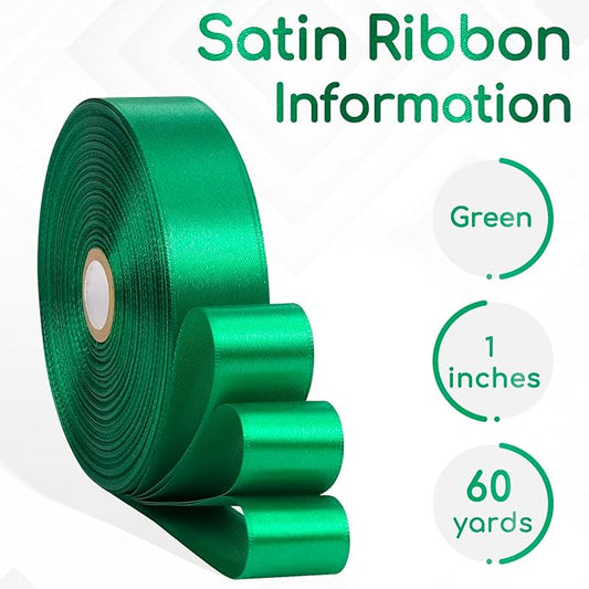 Green Satin Ribbon 1 Inch, 60 Yards Green Fabric Ribbon for Hair, Crafts, Graduation Wreaths, Flower Bouquet, Gift Wrapping, Invitation Cards, Christmas