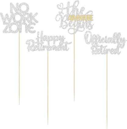 Ephlyn 16Pcs Happy Retirement Centerpiece Sticks Officially Retired Table Flower Centerpieces Sticks No Work Zone Floral Decorations for Farewell Birthday Party Centerpieces Supplies Silver