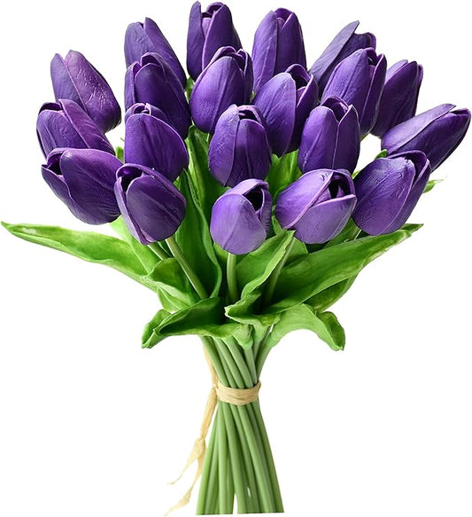 Mandy's Artificial Tulips 20 Stems Dark Purple PU Faux Flowers for Thanksgiving and Christmas Decorations Wedding Home Decor 13.5 Inch