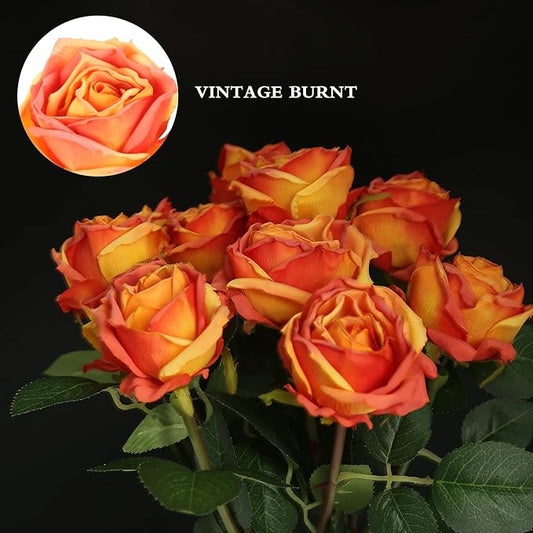 IPOPU Artificial Flowers Heads Bulk 12pcs Artificial Roses Heads Sunset Fake Flowers Bulk for Silk Flower Arrangements Rustic Wedding Decor Bridal Shower Decorations (Sunset)