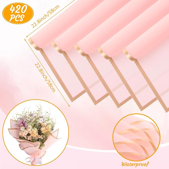 Yahenda 420 Sheet Flower Wrapping Papers Flower Bouquet Paper with Gold Edge Korean Style Bouquet Wrapping for Floral Supplies Wedding Anniversary DIY Gifts, 23 x 23 Inch(Pink)