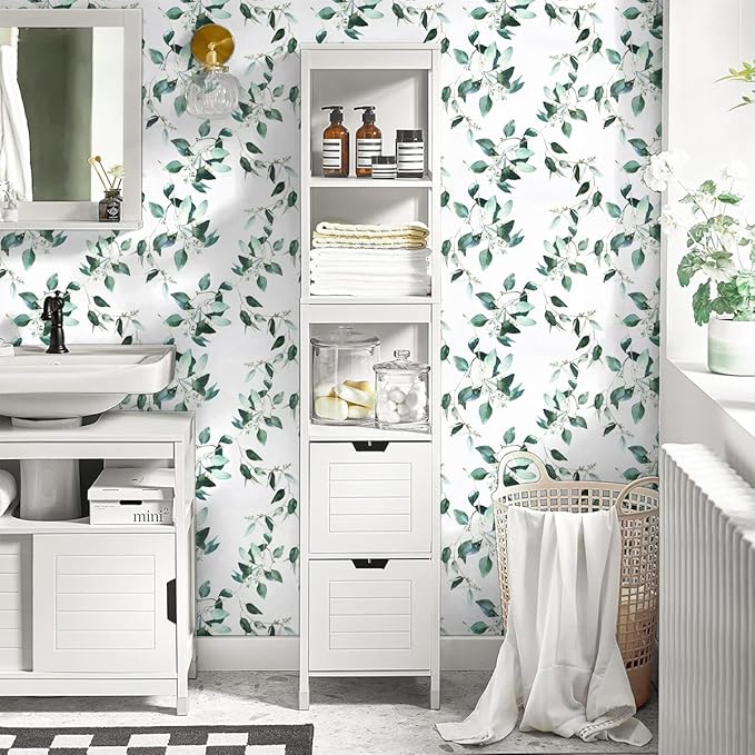Erfoni Green Leaf Peel and Stick Wallpaper Floral Contact Paper for Bathroom 17.7inch x 197inch Eucalyptus Wallpaper Peel and Stick Vintage Flower Decorative Removable Wall Paper Vinyl Roll