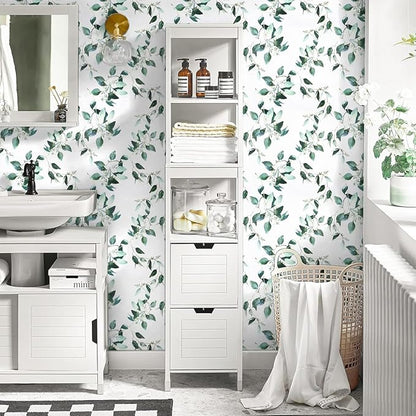 Erfoni Green and White Peel and Stick Wallpaper Floral Contact Paper for Bedroom17.7inch x 78.7inch Eucalyptus Wallpaper Peel and Stick Vintage Flower Decorative Removable Wall Paper Vinyl Roll