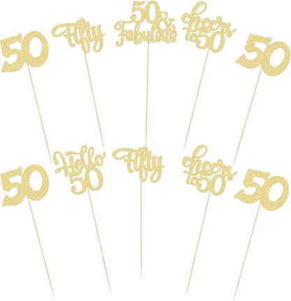 Gyufise 15Pcs 50th Birthday Centerpiece Sticks Fifty Happy 50th Table Flower Centerpieces Sticks Cheers to 50 Floral Decorations for 50th Birthday Party Centerpieces Supplies Gold