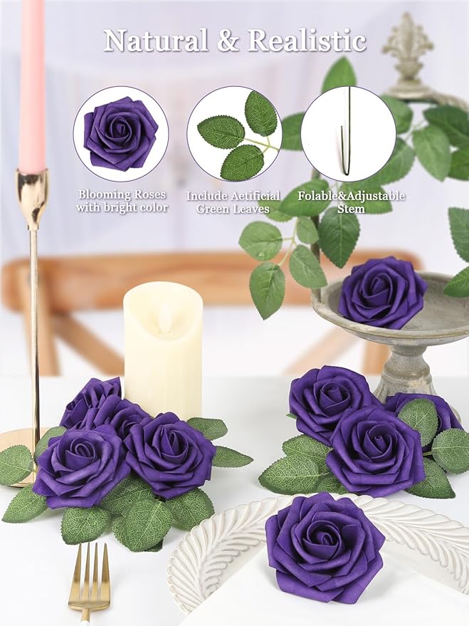 MACTING Artificial Flower Roses 60PCS Real Touch Fake Flowers with Stem Foam Rose for DIY Wedding Bouquet Table Centerpieces Craft Party Holiday Home Spring Valentines Day Decorations,Dusty Purple