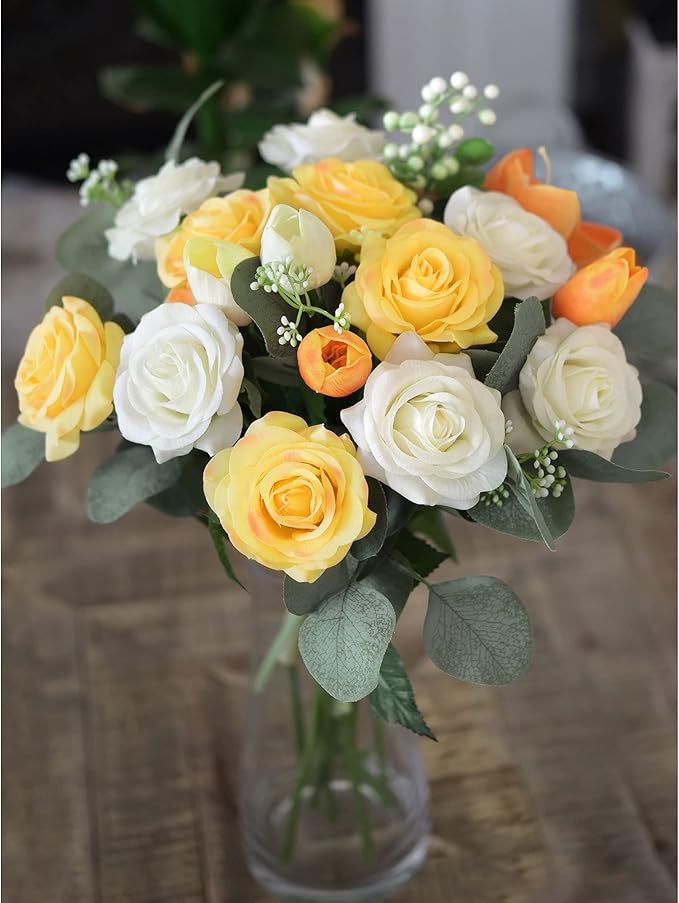 FiveSeasonStuff Fake Roses Wedding Flowers Real Touch Silk Apricot Orange Artificial Flowers 12 Stems
