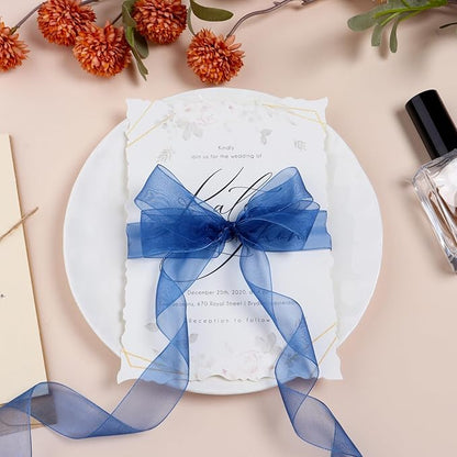 Navy Blue Ribbon for Gift Wrapping 1 inch Sheer Organza Ribbon for Flower Bouquet Tulle Thin Chiffon Ribbons for Wedding Invitations Presents Decorations Crafts 50 Yards