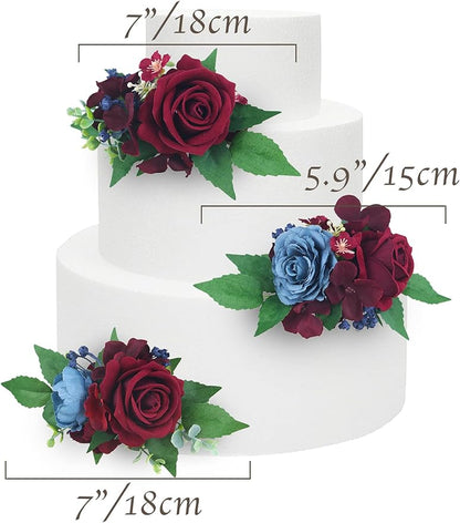 Rinlong 3Pcs Pre-made Cake Toppers - Flowers for Christmas, Wedding, Baptism - Burgundy, Navy Xmas Cake Decorations