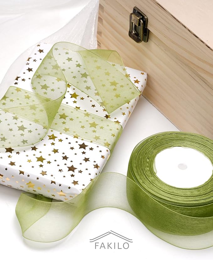 Sage Green Organza Ribbon for Gift Wrapping, FAKILO 2 Inch Shimmer Sheer Wrapping Ribbon for Bouquet, Wedding, Christmas Gift - 50 Yards Each Roll