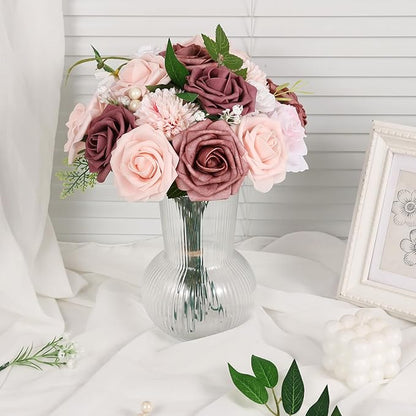 Artificial Flowers Combo Dusty Pink White Roses with Stems Leafs Bouquets Bridal Wedding Shower Decorations Fake Floral for Party Table Centerpieces