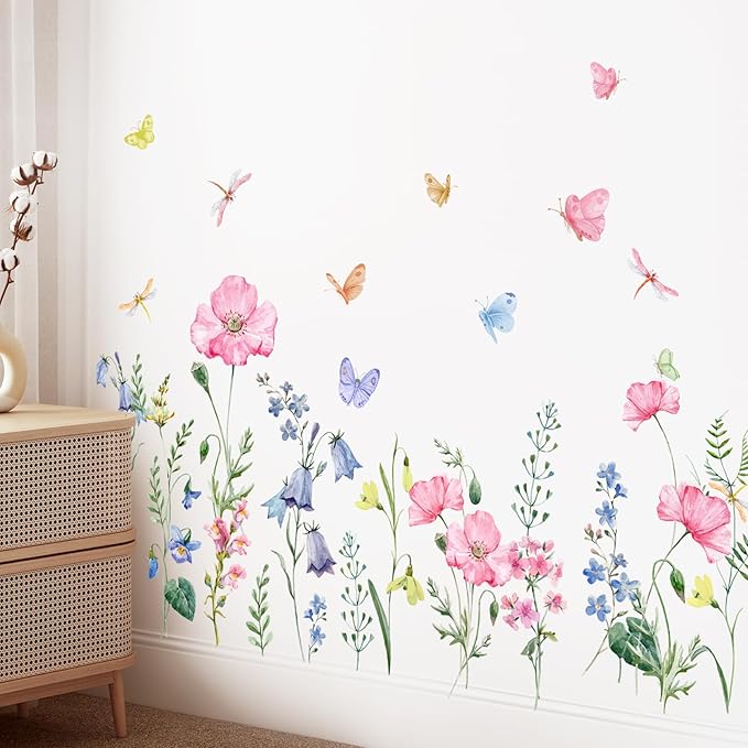 Supzone Watercolor Wildflower Wall Decals Colorful Garden Flower Grass Butterflies Wall Stickers for Girls Bedroom Living Room Home Office Wall Decor