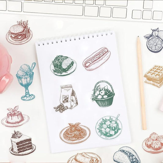 50PCS Food Stickers, Transparent PET Cartoon Line Art Decals of Cakes, Bread, Sushi, Fruits, Fries for Scrapbooking, Journaling, Water Bottles, Laptops, DIY Crafts & Gift Decor