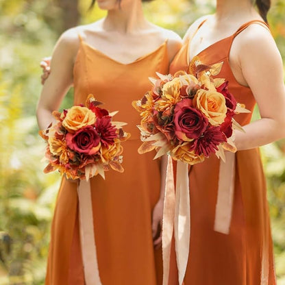 Artificial Fall Flowers Bouquet for Decoration, Fall Fake Silk Flower Arrangements Faux Autumn Flowers Fall Decorations for Home Indoor Office Wedding Bride Bouquets Tables Centerpieces Fall Decor
