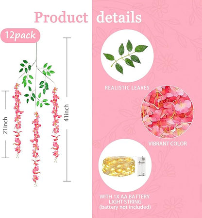 12 Pack Dark Pink Wisteria Hanging Flowers Garland with Lights, 3.44 Feet Artificial Flower Vines, Fake Wisteria, Artificial Vines Hanging Garland for Backdrop Outdoor Patio Garden Decor