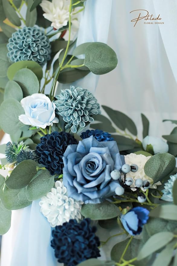 Artificial Wedding Dahlia Flowers 25 pcs Fake Roses with Stem for DIY Wedding Decor Centerpieces Arrangements Bouquets (Shades of Navy Blue)