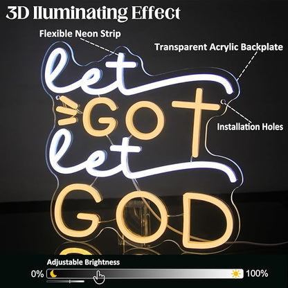 Let Go Let God Neon Sign Warm White Cross Neon Light Dimmable Letters LED Signs for Wall Jesus Neon Lights Signs for Bedroom Church Man Cave Bar Decor Christian Hymn USB Powered