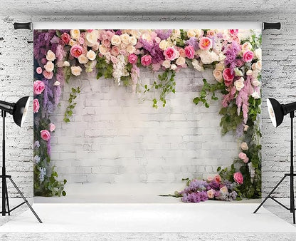 10x8ft Wedding Backdrop Rustic White Brick Wall Flowers Photography Background Bridal Shower Wedding Party Adults Portraits Decoration Supplies Photo Booth Props
