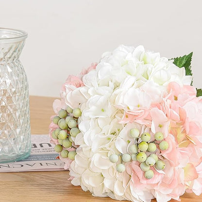 Wracra Hydrangeas Floral Arrangement in Glass Vase, Fake Flowers Silk Hydrangea Artificial Flowers with Vase for Home Office Decoration, Dining Table Centerpiece(Pink)