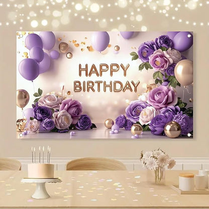 Purple Gold Happy Birthday Backdrop Banner Elegant Flowers Balloons Photography Background Glitter Birthday Decorations for Women Girls Party Supplies Photo Booth Props 71x43 Inch