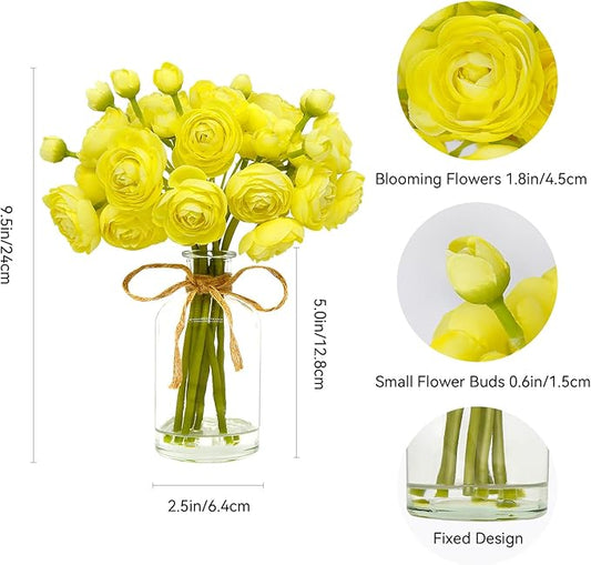 Ranunculus Artificial Flowers with Vase, 2 Pack - 8 Pcs Faux Silk Ranunculus Flower in Vase, Small Flowers Arrangements for Home Decor Indoor, Table Centerpiece. (Light Yellow)