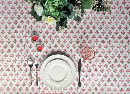 ATOSII Gulbahar White Pink 100% Cotton Fall Rectangle Tablecloth, Hand Block Print Washable Table Cover, Christmas Parties Buffet Dining, Weddings, Thanksgiving, Halloween, 60 X 90 Inches, 6 Seater