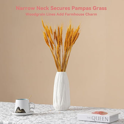White Ceramic Vase with Woodgrain Texture & Vertical Lines - 9.3" Unique Flower Vase for Pampas Grass & Centerpieces, Farmhouse/Boho Decorative Vase for Living Room, Office Desk &Gift for Her/Yourself