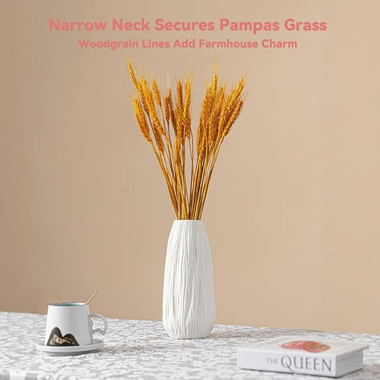 White Ceramic Vase with Woodgrain Texture & Vertical Lines - 9.3" Unique Flower Vase for Pampas Grass & Centerpieces, Farmhouse/Boho Decorative Vase for Living Room, Office Desk &Gift for Her/Yourself