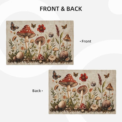 Rustic Mushroom Placemats Set of 4 Washable Table Mats Vintage Botanical Leaf Heat-Resistant Cotton Linen Place Mats for Dining Table Kitchen Indoor Outdoor Party Holiday Decor