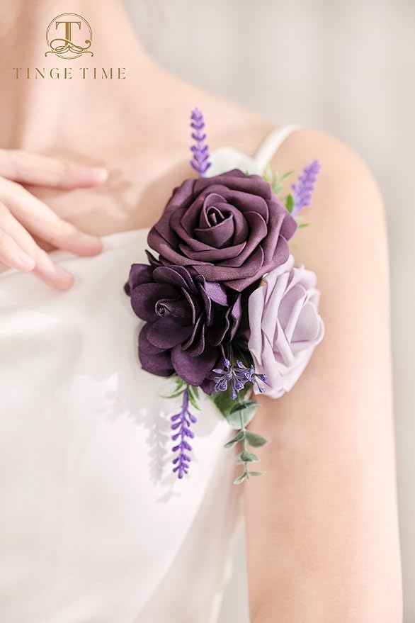 TINGE TIME Artificial Shoulder Corsages Flowers, Set of 2, Mother of The Bride Floral Corsage for Wedding Ceremony Anniversary Formal Dinner Party (Lavender & Plum)