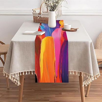 Vibrant Abstract Art Table Runner – 13x72 Inch Colorful Brushstroke Design on Linen-Look Fabric, Modern Artistic Dining Table Decor for Home, Parties & Creative Spaces