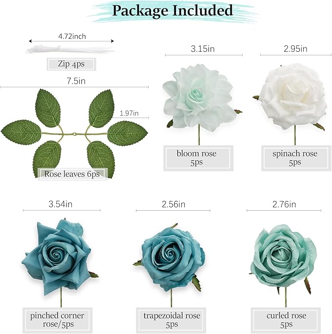 TINGE TIME Artificial Flowers, 25pcs Real Looking Teal Green Rose Fake Roses w/Stem for DIY Wedding Bouquets Centerpieces Arrangements Party Baby Shower Home Decorations