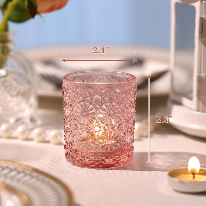 Pink Votive Candle Holder Set of 12, Flower Tea Lights Candles Holders for Wedding Table Centerpieces, Birthday Parties, Anniversary, Pink Bridal Shower and Holiday Decorations