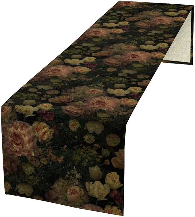 Vintage Floral Table Runner,Pink Flowers Rose Gothic Print Table Runner for Home Kitchen Table Dining Indoor Outdoor Party Decor 13x60 Inch