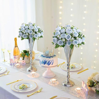 ASTRYAS 8Pcs Peonies Artificial Flowers, Blue Peony Bridal Artificial Peonies, Silk Peony Flowers Fake Artificial Flowers Bouquet for Centerpiece Table Wedding Party Home Decor- Light Blue