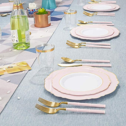 WDF 180Pieces Gold Plastic Silverware-Gold Plastic Cutlery with Pink Handle- Heavyweight Disposable Flatware-Disposable Utensils Include 60 Forks,60 Spoons,60 Knives for Wedding/Party