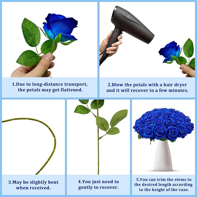 Wondrus Bulk Artificial Flowers 50 PCS, Fake Velvet Silk Blue Roses with Long Stems Realistic Bouquet for Wedding Centerpieces, Faux Arrangement for Home Table Decor