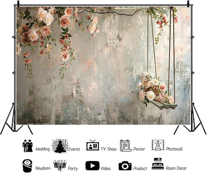 Baocicco 12x8ft Vinyl Vintage Flowers Wall Photography Backdrop Pink Rose Retro Wall Old Style Background Photo for Medieval Wedding Banner Bridal Shower Party Decors Princess Girls Birthday Studio
